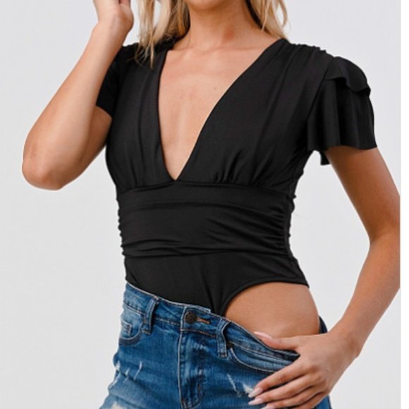 Tops - Ruffle cap sleeve deep v-neck solid stretchy elastic bodysuit